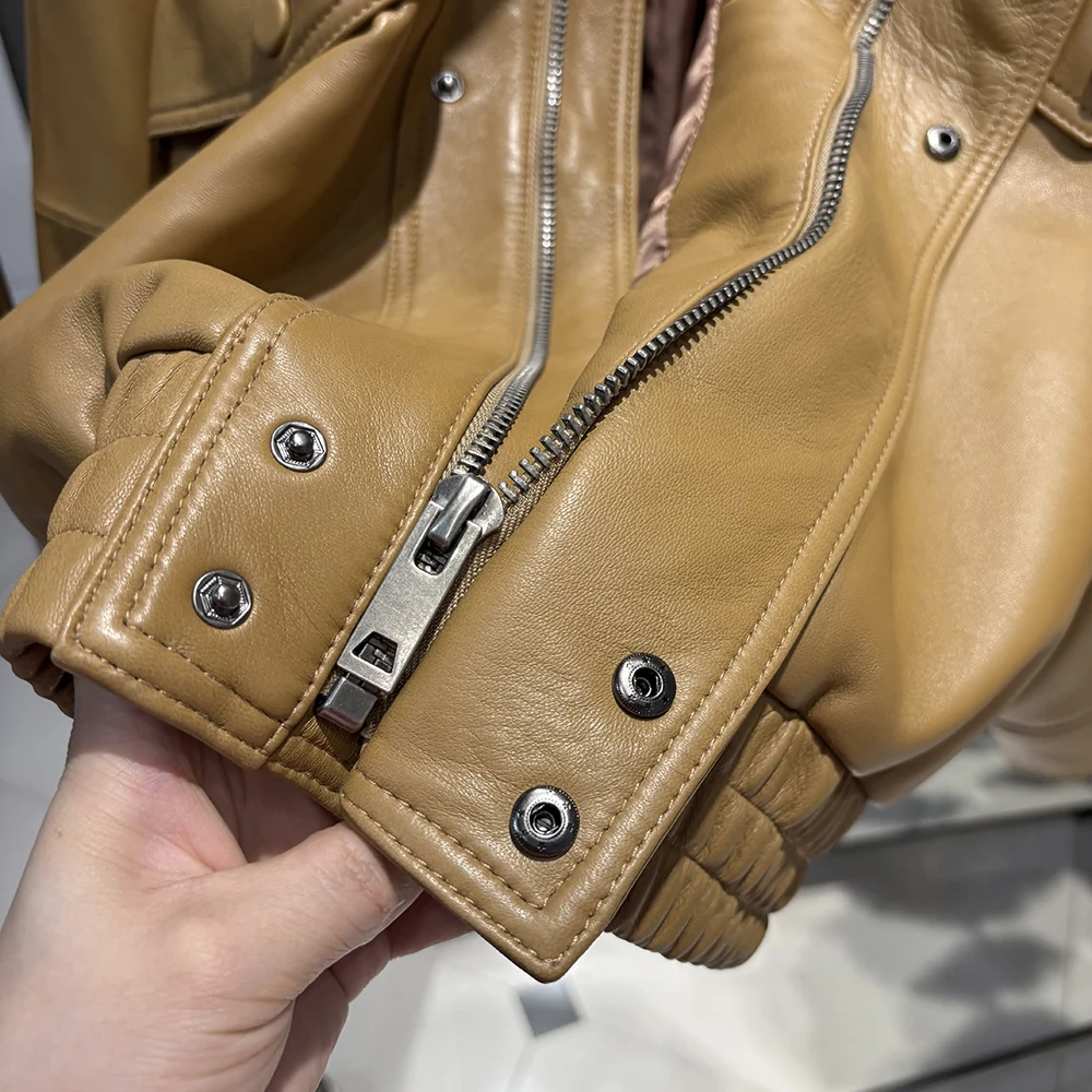 YOLOAgain Drop Shoulder Real Leather Jacket Women Genuine Sheepskin Jacket Coat