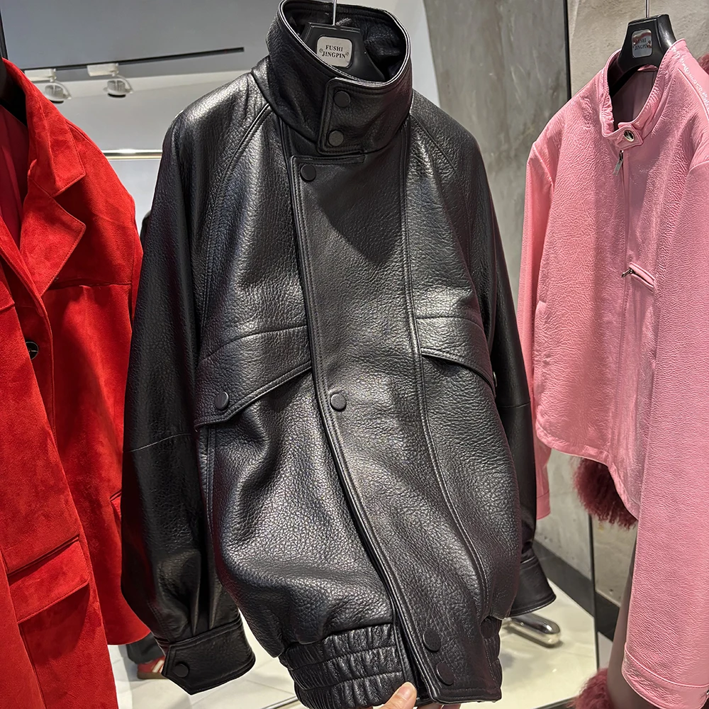 YOLOAgain Drop Shoulder Real Leather Jacket Women Genuine Sheepskin Jacket Coat