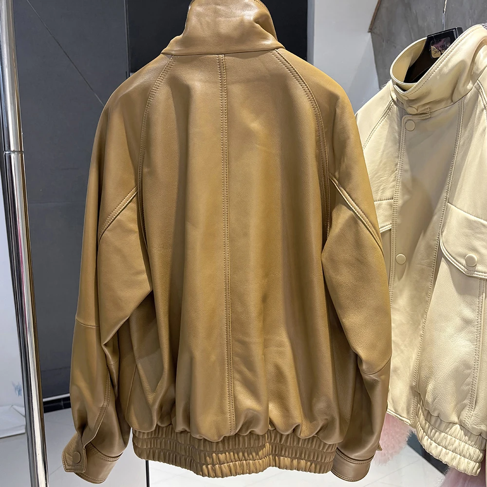 YOLOAgain Drop Shoulder Real Leather Jacket Women Genuine Sheepskin Jacket Coat