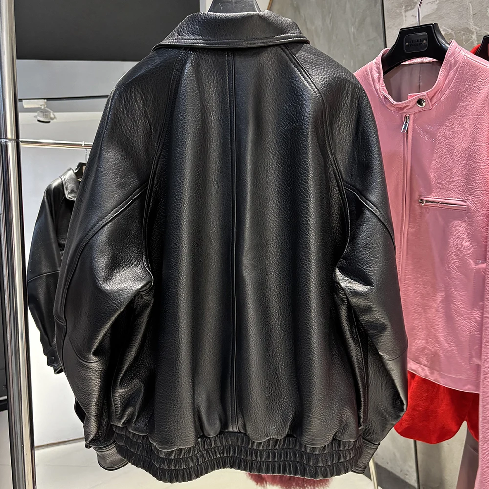 YOLOAgain Drop Shoulder Real Leather Jacket Women Genuine Sheepskin Jacket Coat