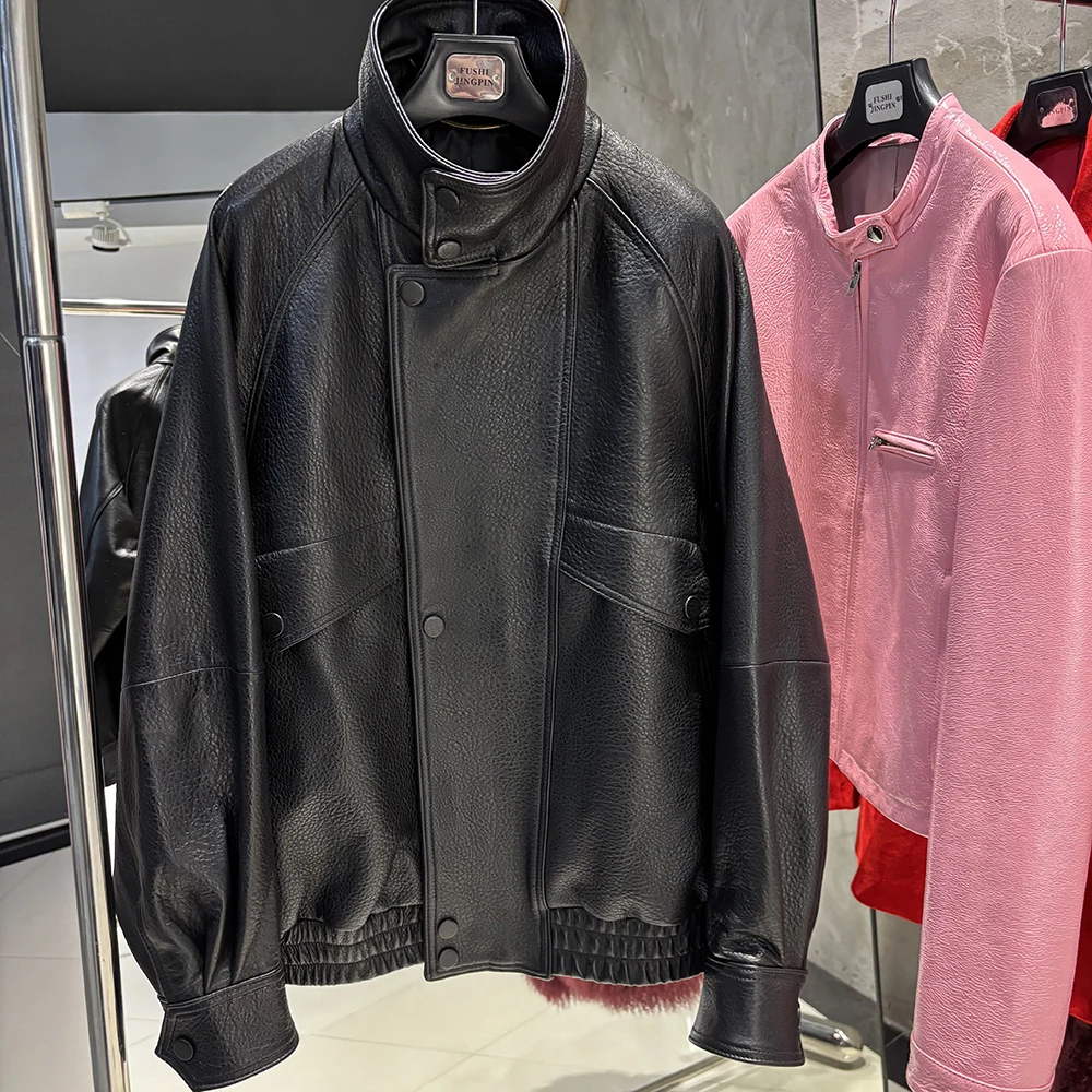 YOLOAgain Drop Shoulder Real Leather Jacket Women Genuine Sheepskin Jacket Coat