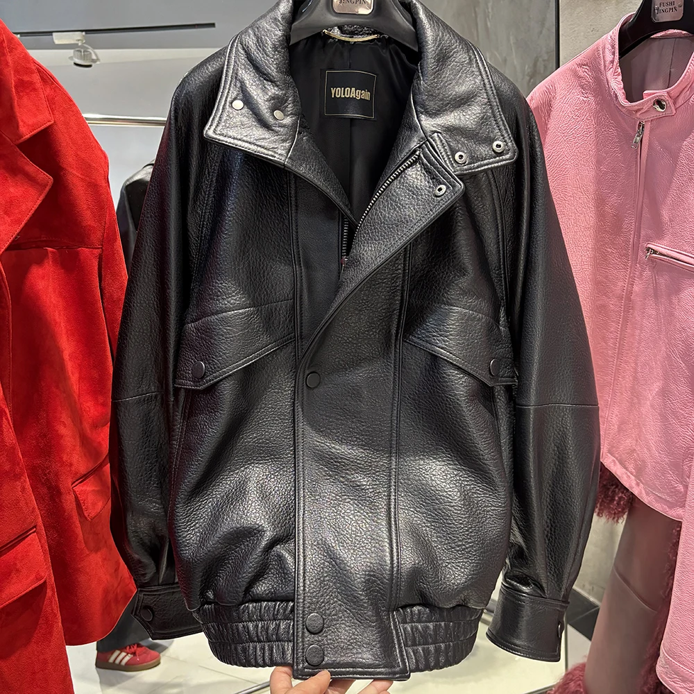 YOLOAgain Drop Shoulder Real Leather Jacket Women Genuine Sheepskin Jacket Coat