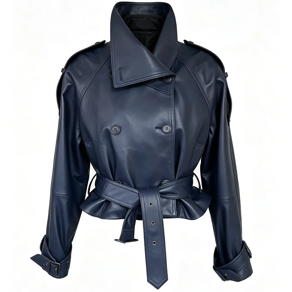 YOLOAgain Women Funnel Neck Genuine Leather Jacket With Belt