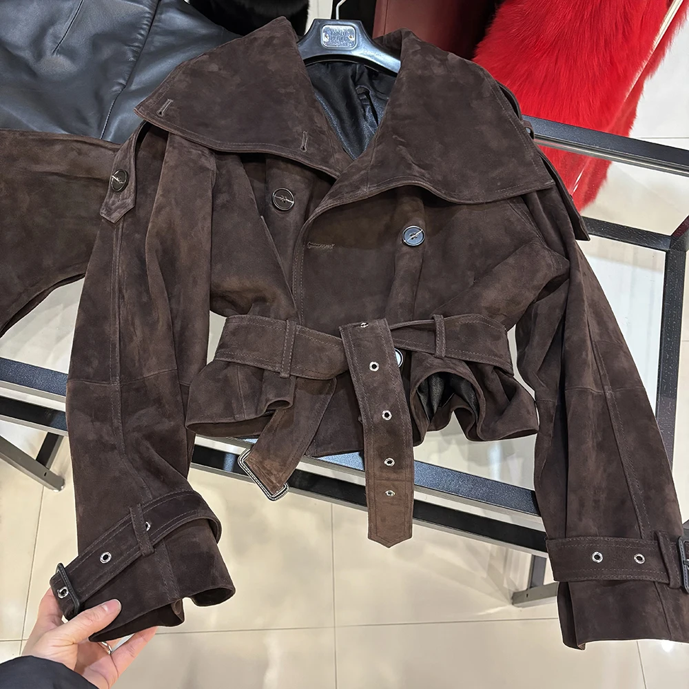 YOLOAgain Women Funnel Neck Genuine Leather Jacket With Belt