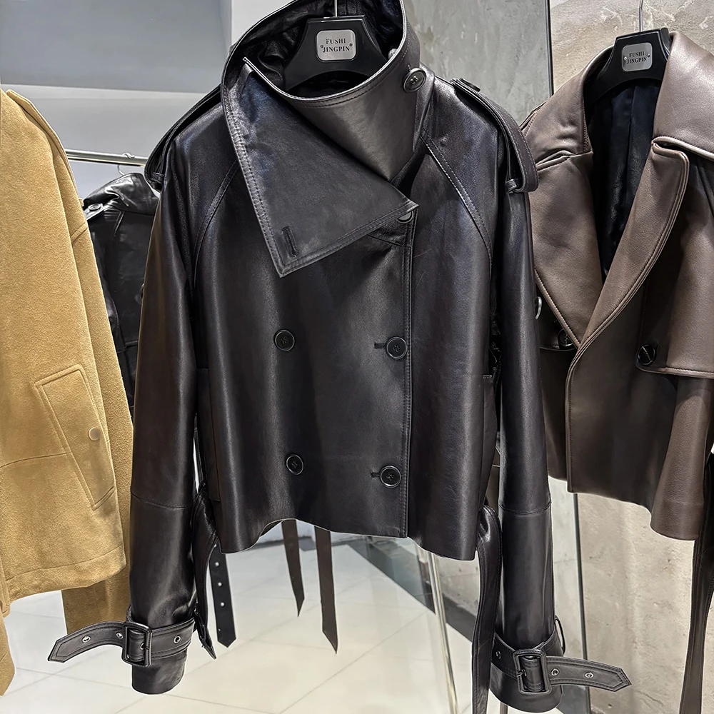 YOLOAgain Women Funnel Neck Genuine Leather Jacket With Belt