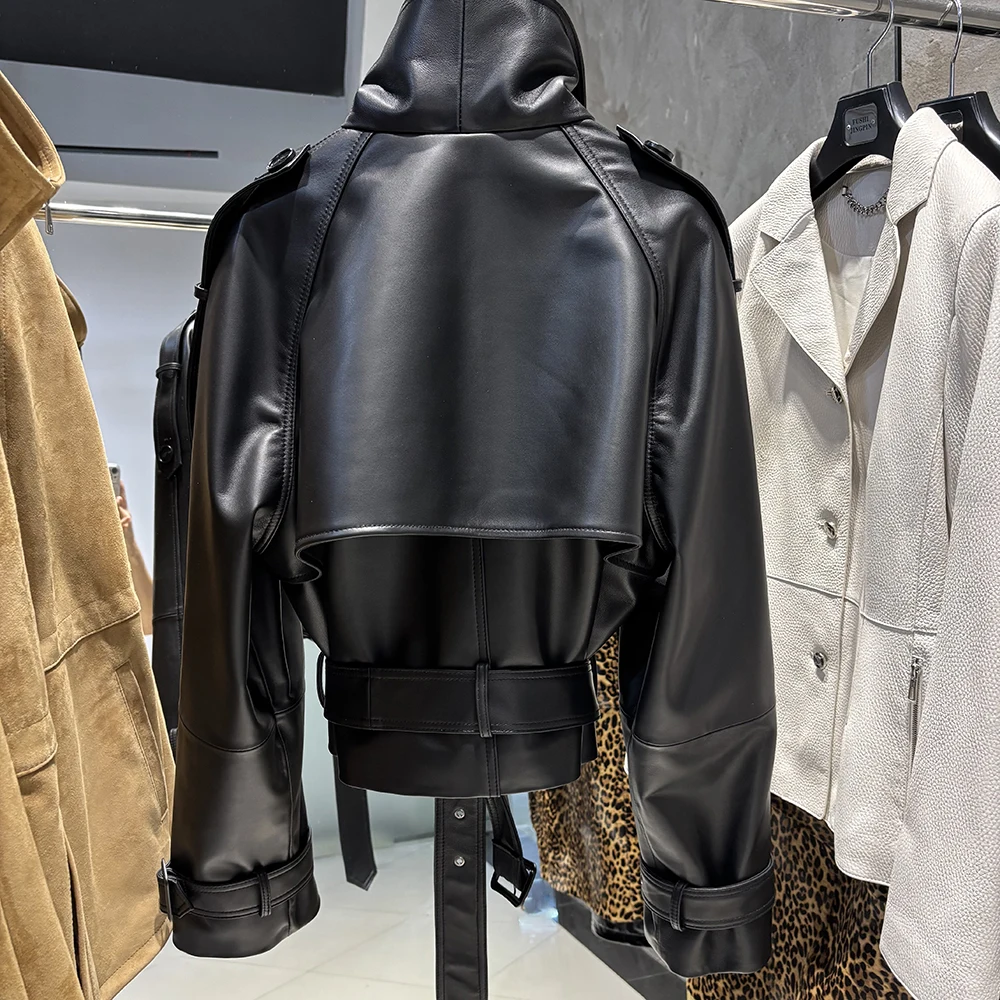 YOLOAgain Women Funnel Neck Genuine Leather Jacket With Belt