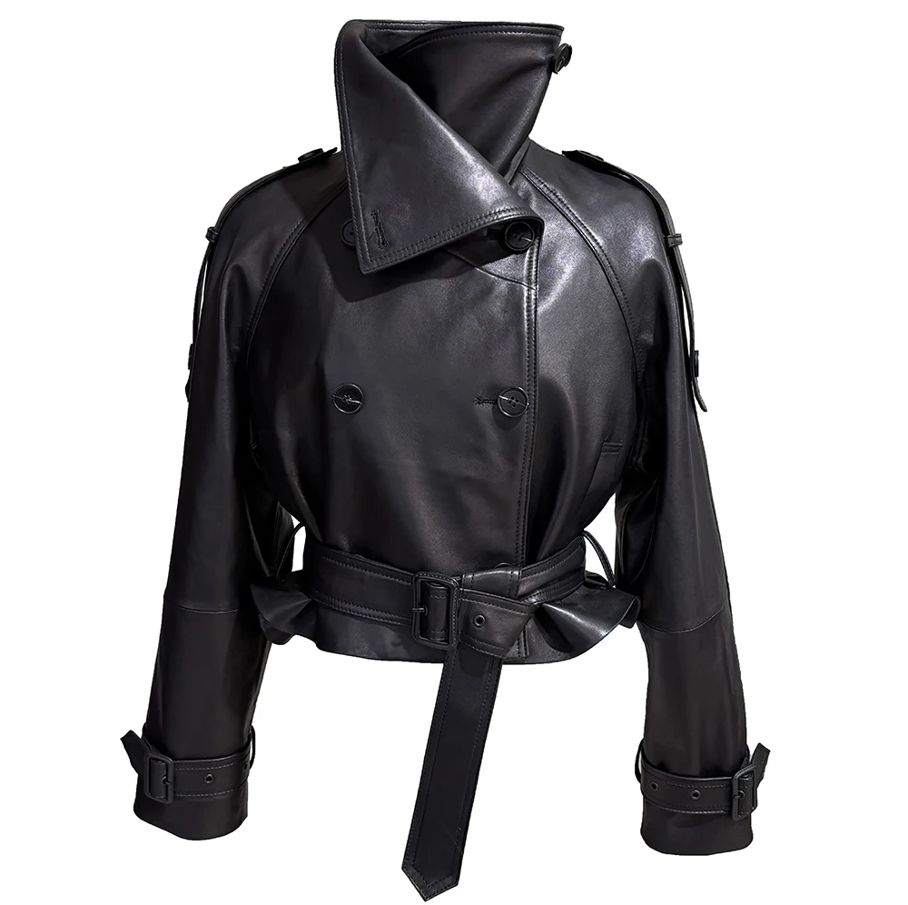 YOLOAgain Women Funnel Neck Genuine Leather Jacket With Belt