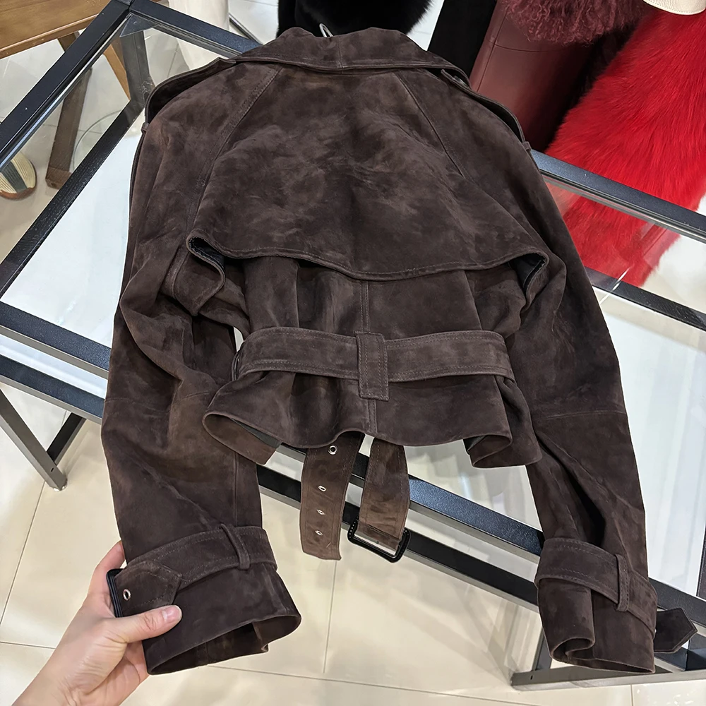 YOLOAgain Women Funnel Neck Genuine Leather Jacket With Belt