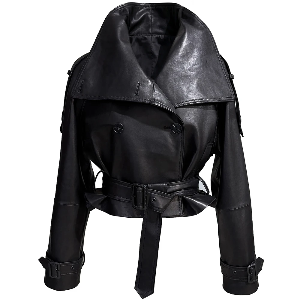 YOLOAgain Women Funnel Neck Genuine Leather Jacket With Belt