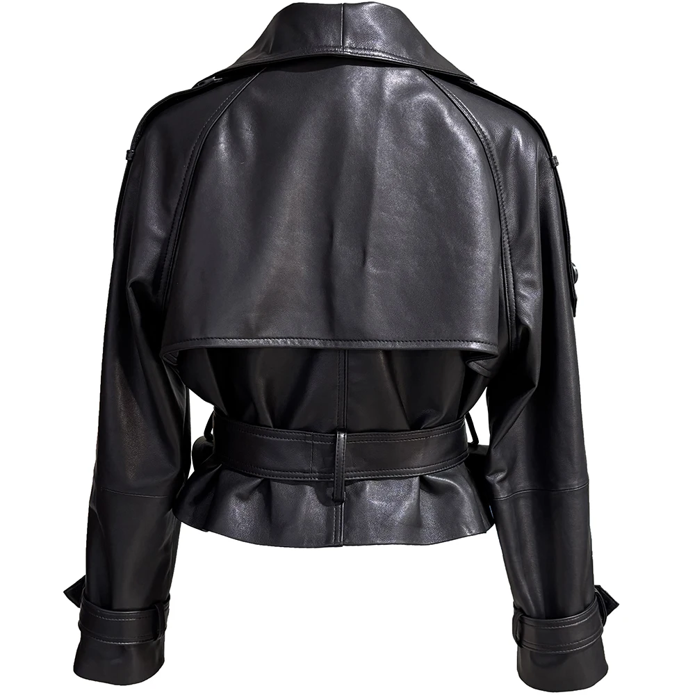 YOLOAgain Women Funnel Neck Genuine Leather Jacket With Belt