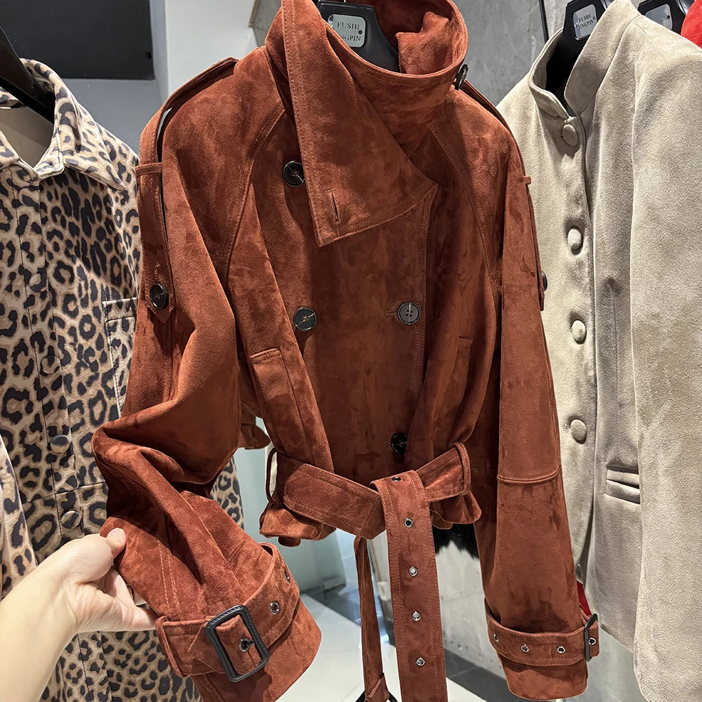 YOLOAgain Women Funnel Neck Genuine Leather Jacket With Belt