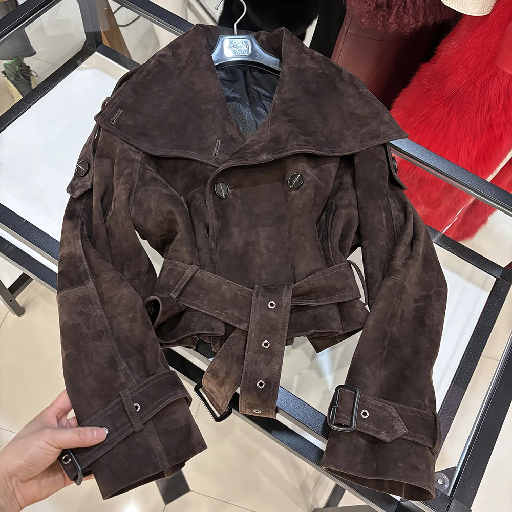 YOLOAgain Women Funnel Neck Genuine Leather Jacket With Belt