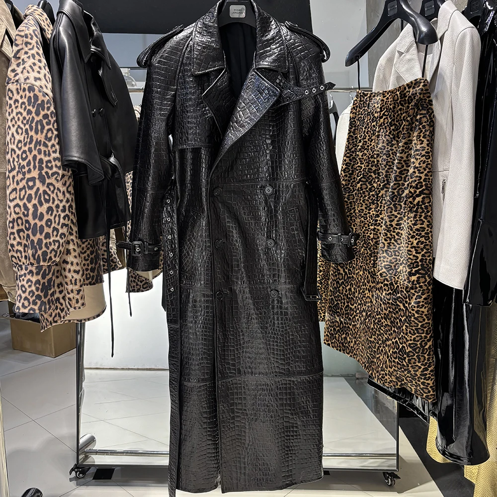 YOLOAgain Real Leather Trench Coat Women Genuine Suede Coat Floor Length 150cm