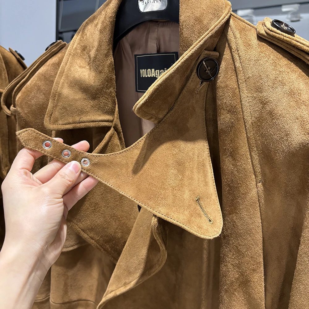 YOLOAgain Real Leather Trench Coat Women Genuine Suede Coat Floor Length 150cm