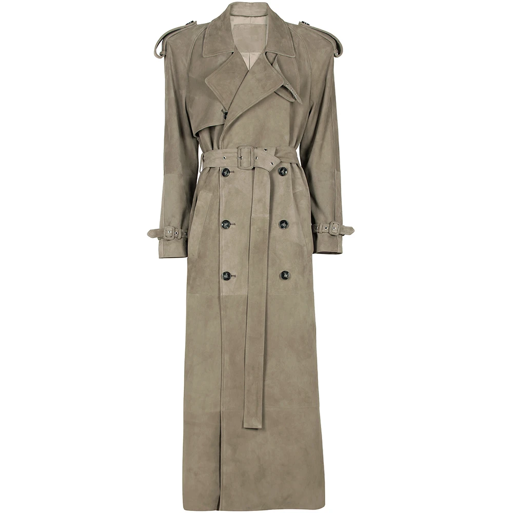 YOLOAgain Real Leather Trench Coat Women Genuine Suede Coat Floor Length 150cm