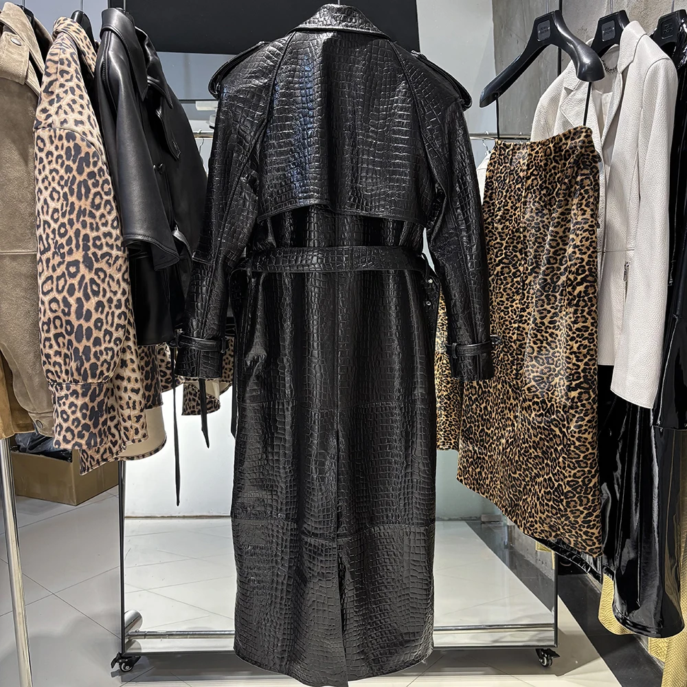 YOLOAgain 2025 Autumn 150cm Length Long Real Leather Trench Coat Women High Quality Genuine Leather Jacket Female Streetwear