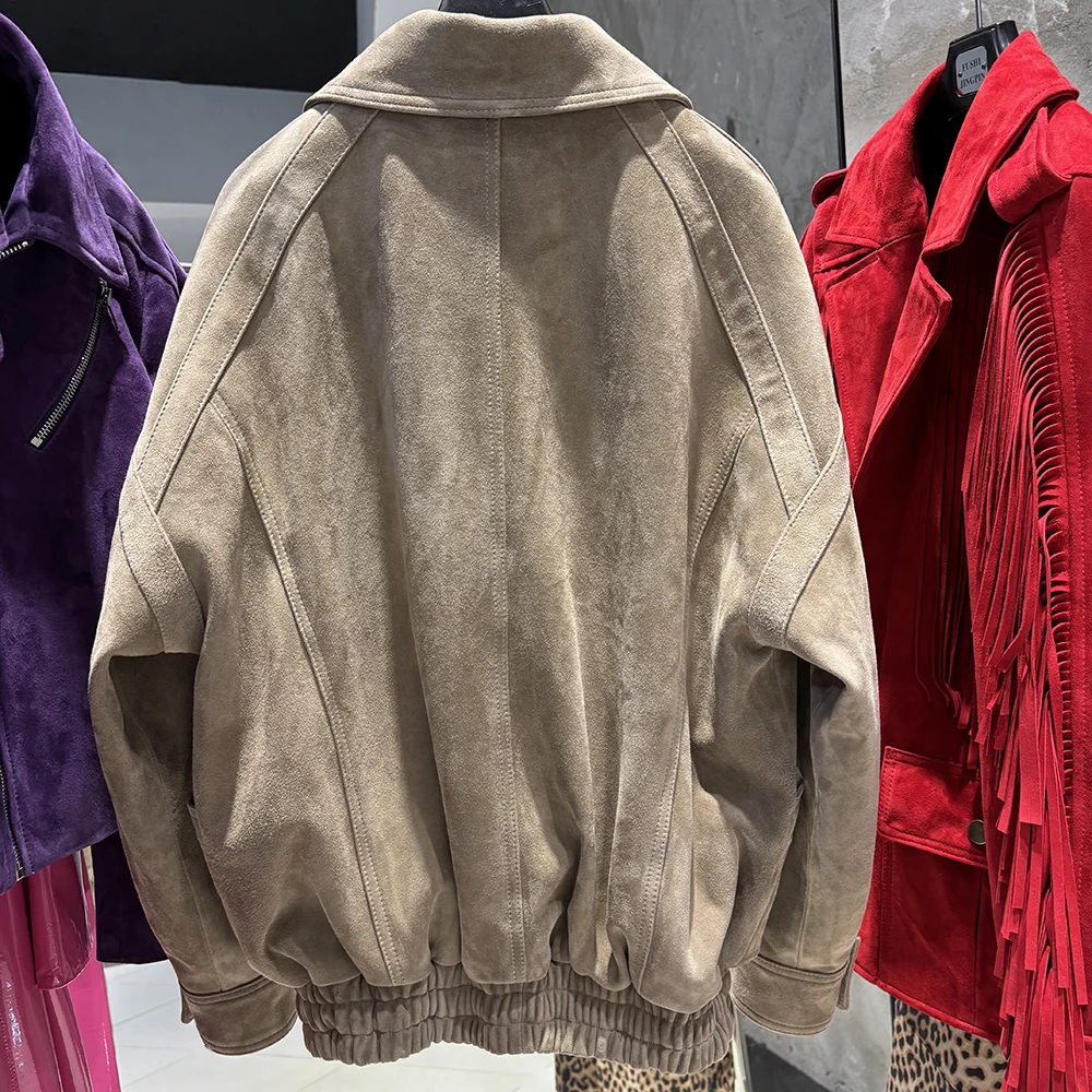 YOLOAgain Oversized Suede Jacket Women Genuine Sheepskin Black Grained Leather Jacket Coat