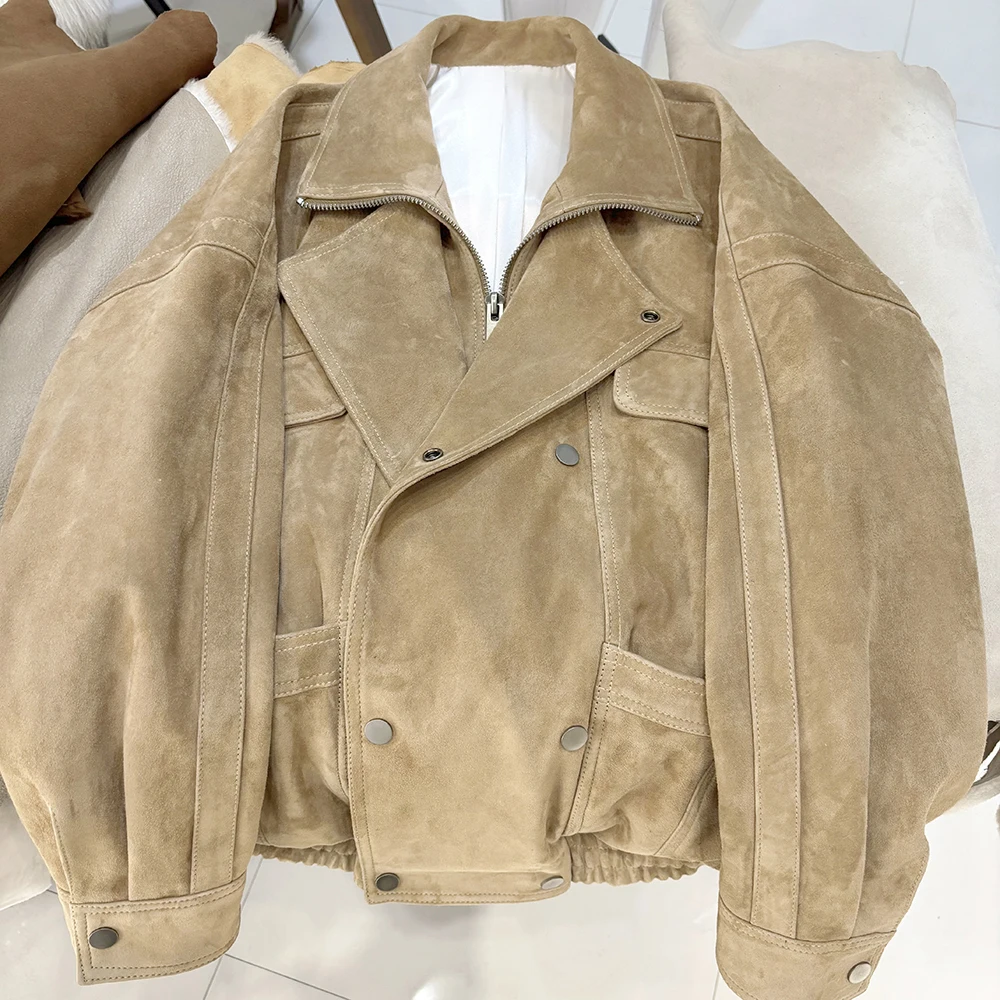 YOLOAgain Oversized Suede Jacket Women Genuine Sheepskin Black Grained Leather Jacket Coat