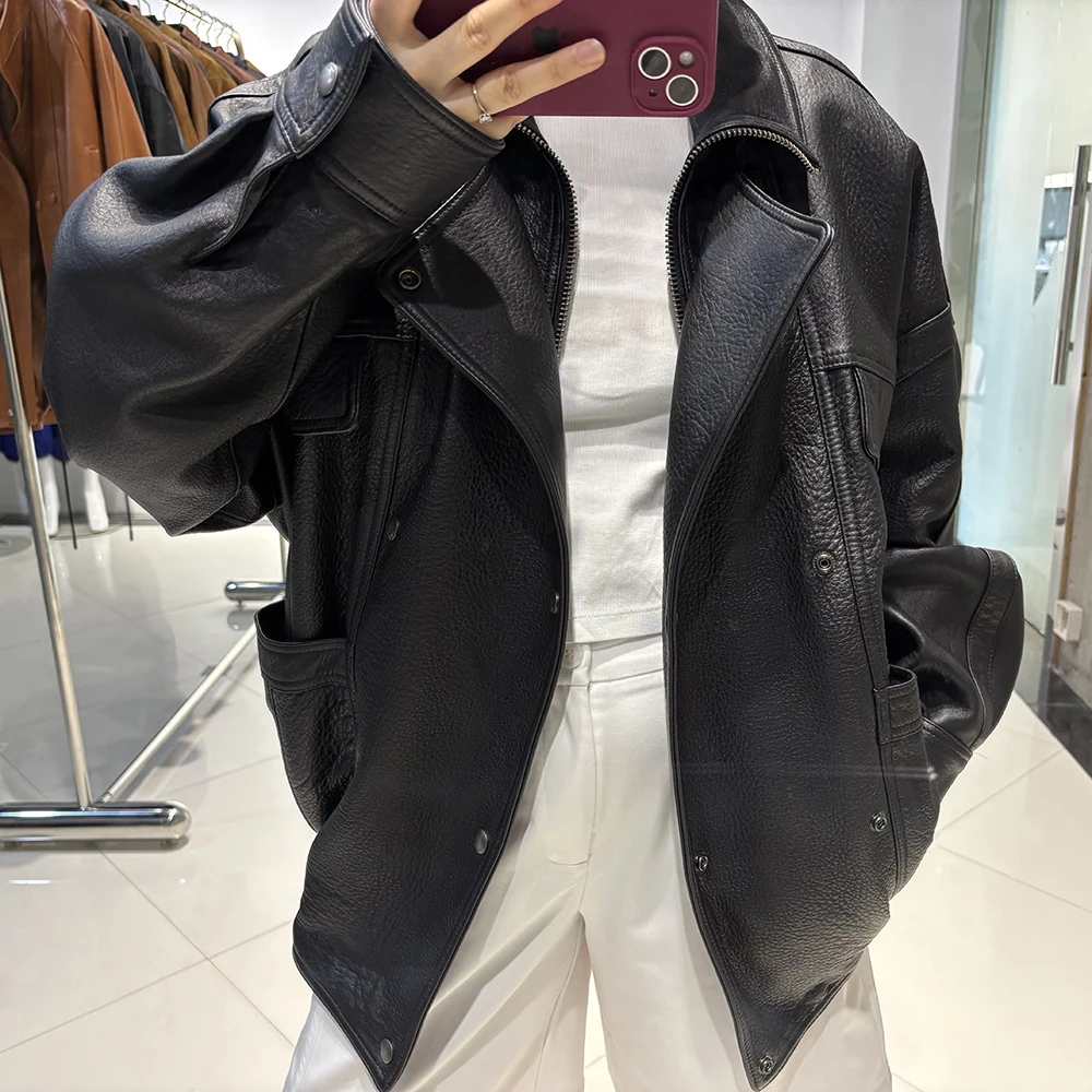 YOLOAgain Oversized Suede Jacket Women Genuine Sheepskin Black Grained Leather Jacket Coat