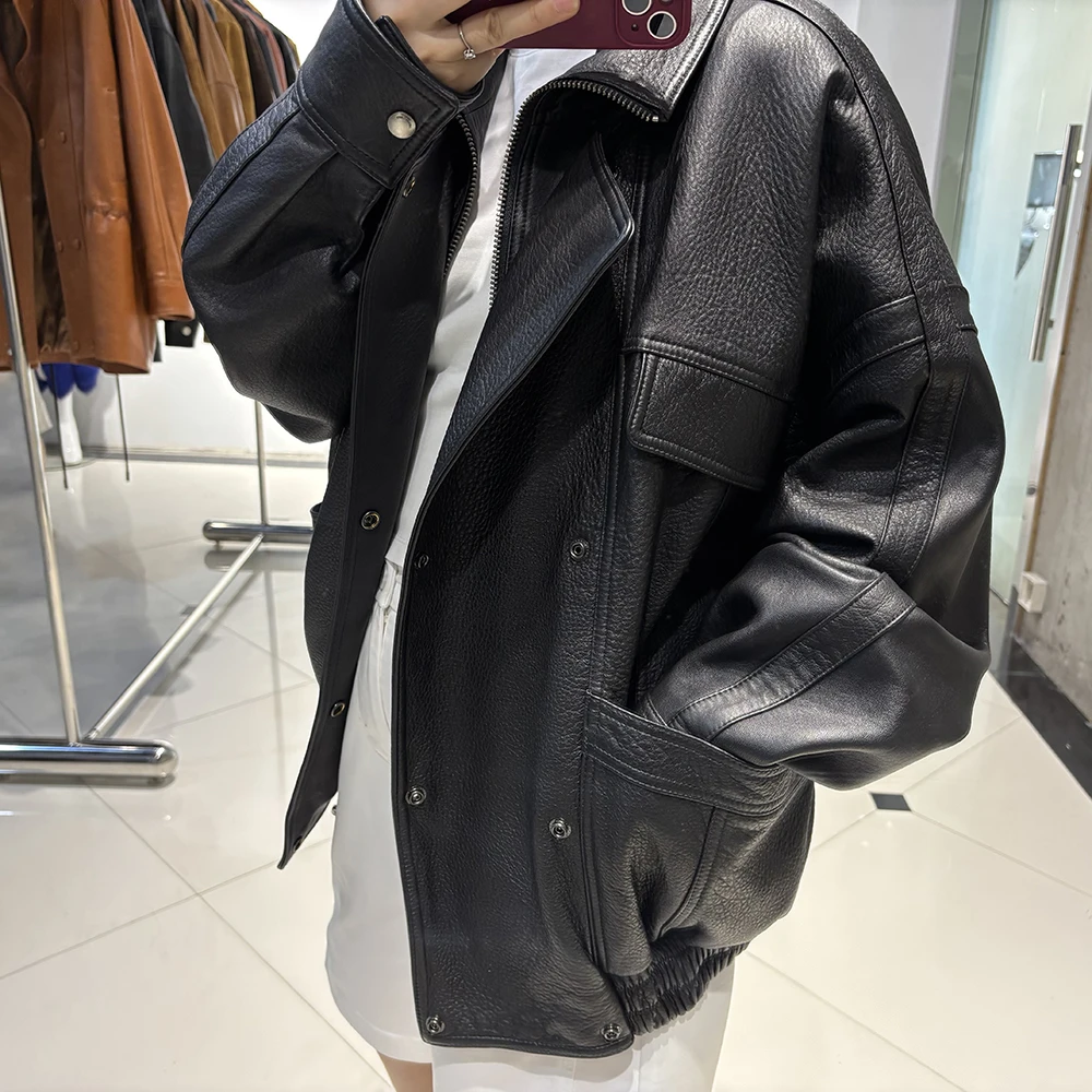 YOLOAgain Oversized Suede Jacket Women Genuine Sheepskin Black Grained Leather Jacket Coat