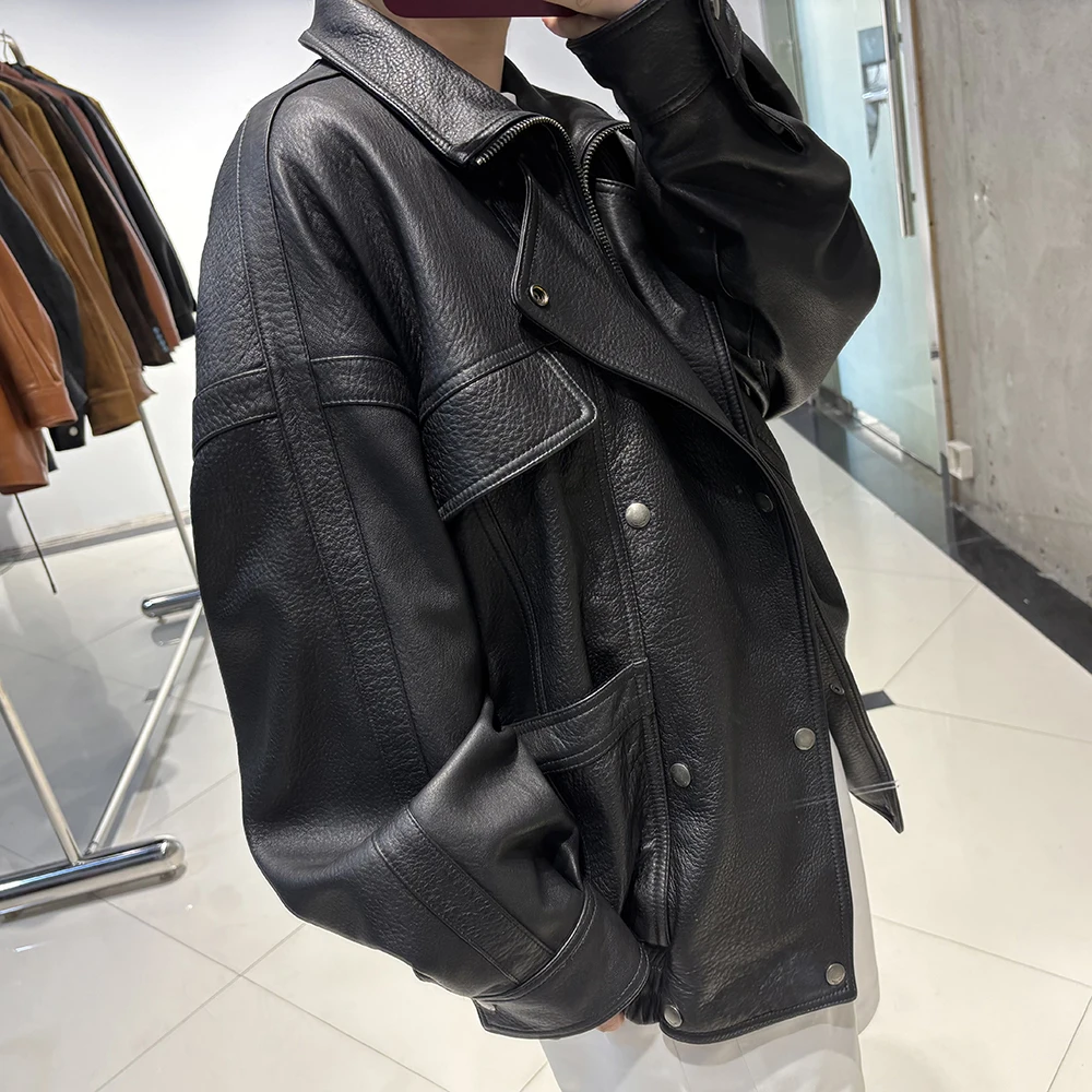 YOLOAgain Oversized Suede Jacket Women Genuine Sheepskin Black Grained Leather Jacket Coat