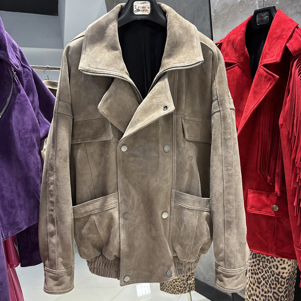 YOLOAgain Oversized Suede Jacket Women Genuine Sheepskin Black Grained Leather Jacket Coat