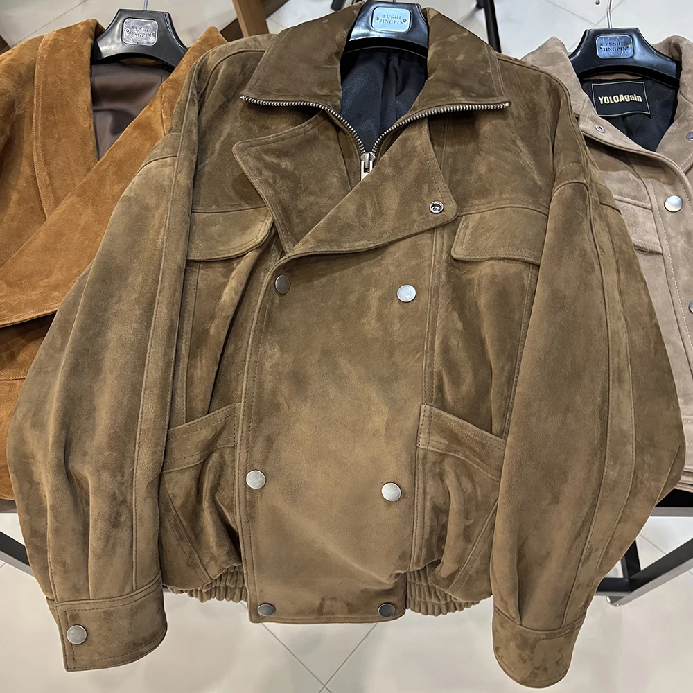 YOLOAgain Oversized Suede Jacket Women Genuine Sheepskin Black Grained Leather Jacket Coat