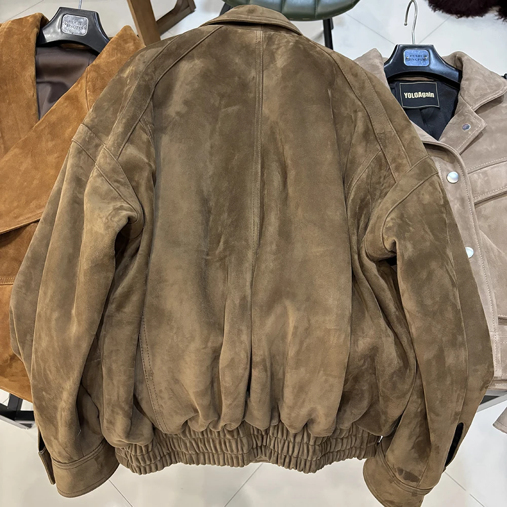 YOLOAgain Oversized Suede Jacket Women Genuine Sheepskin Black Grained Leather Jacket Coat