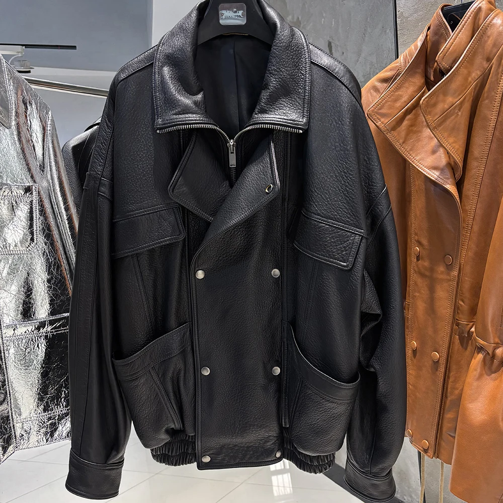 YOLOAgain Oversized Suede Jacket Women Genuine Sheepskin Black Grained Leather Jacket Coat