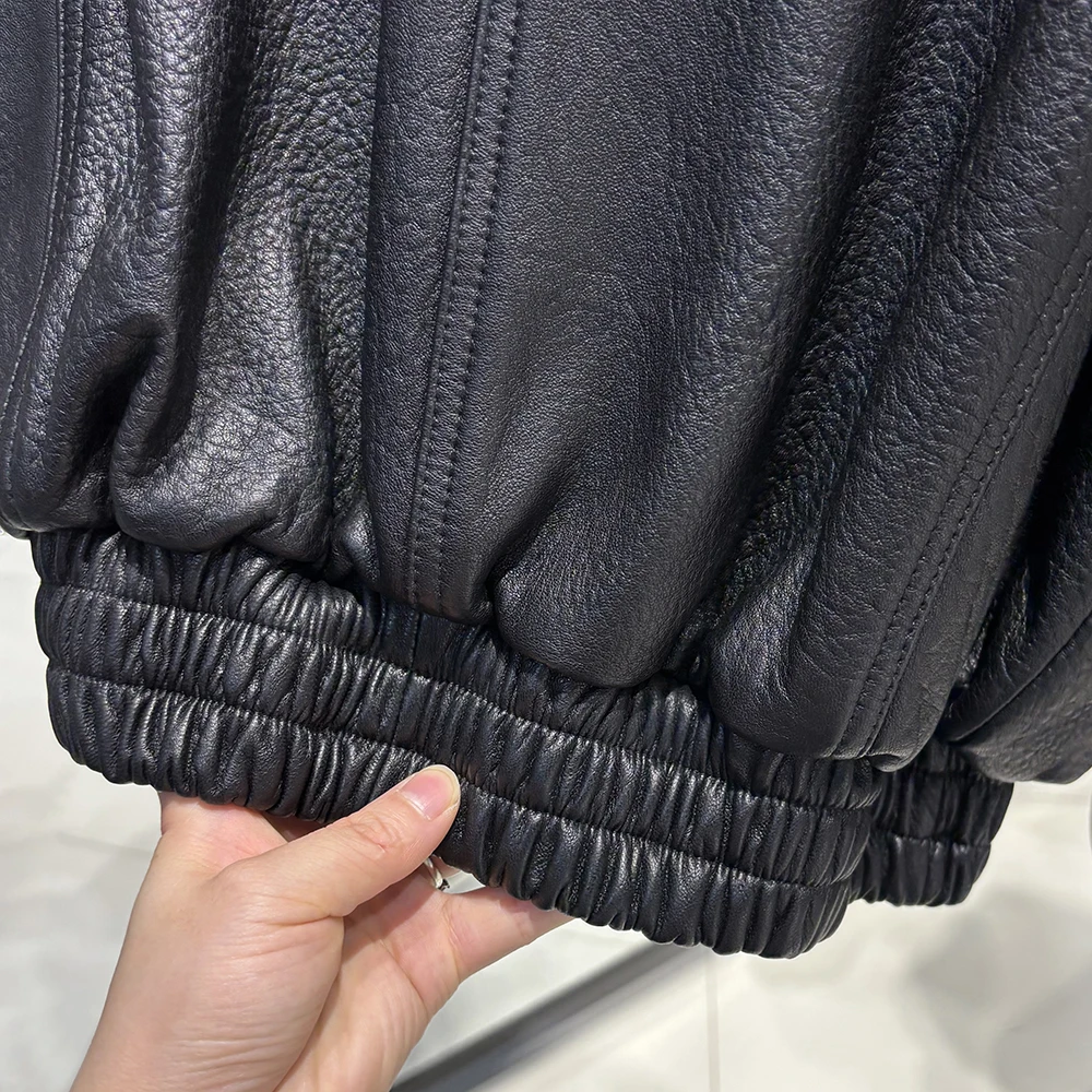 YOLOAgain Oversized Suede Jacket Women Genuine Sheepskin Black Grained Leather Jacket Coat