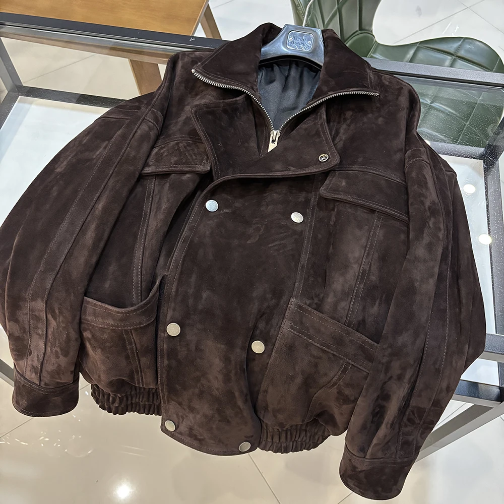 YOLOAgain Oversized Suede Jacket Women Genuine Sheepskin Black Grained Leather Jacket Coat