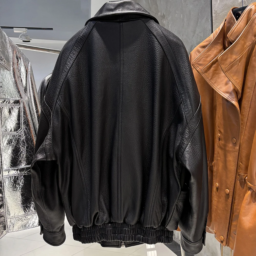 YOLOAgain Oversized Suede Jacket Women Genuine Sheepskin Black Grained Leather Jacket Coat