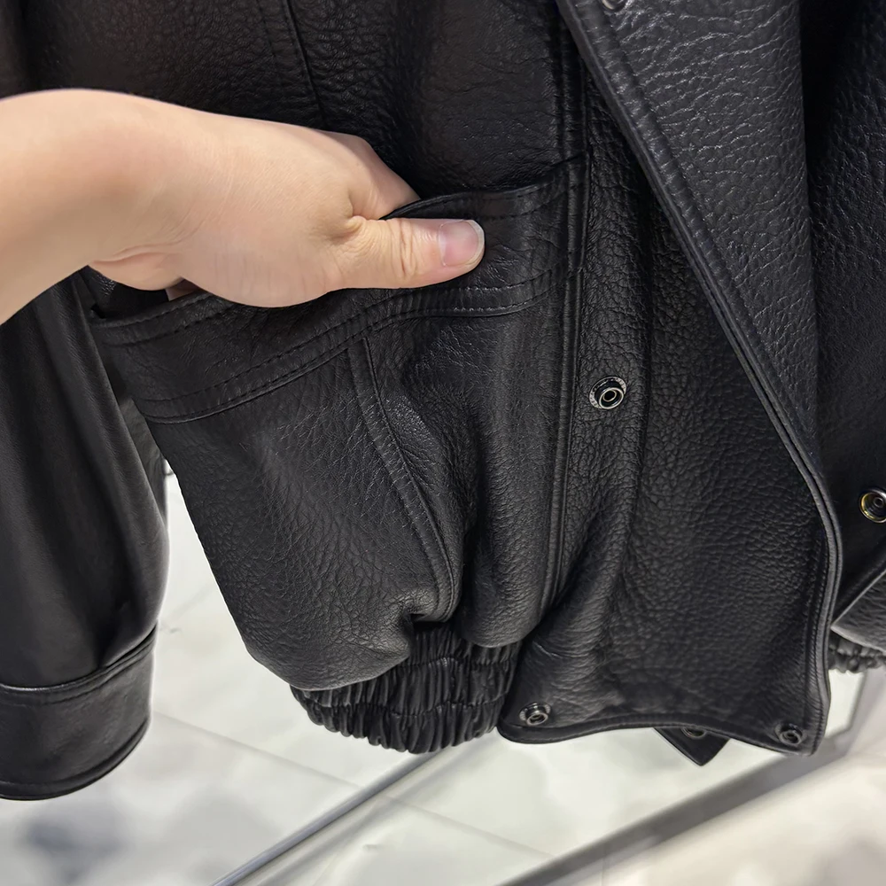 YOLOAgain Oversized Suede Jacket Women Genuine Sheepskin Black Grained Leather Jacket Coat