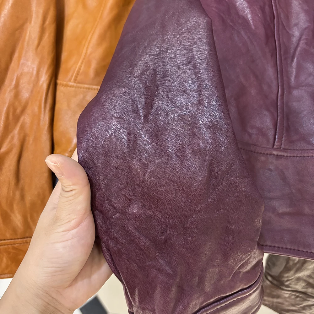 YOLOAgain Women's Cropped Crinkled Genuine Leather Jacket Lapel Collar Short Leather Coat