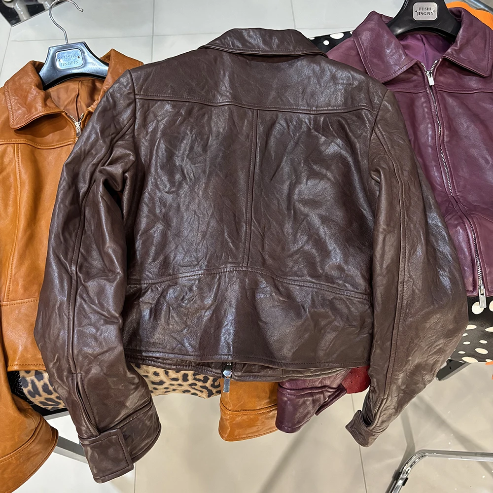 YOLOAgain Women's Cropped Crinkled Genuine Leather Jacket Lapel Collar Short Leather Coat