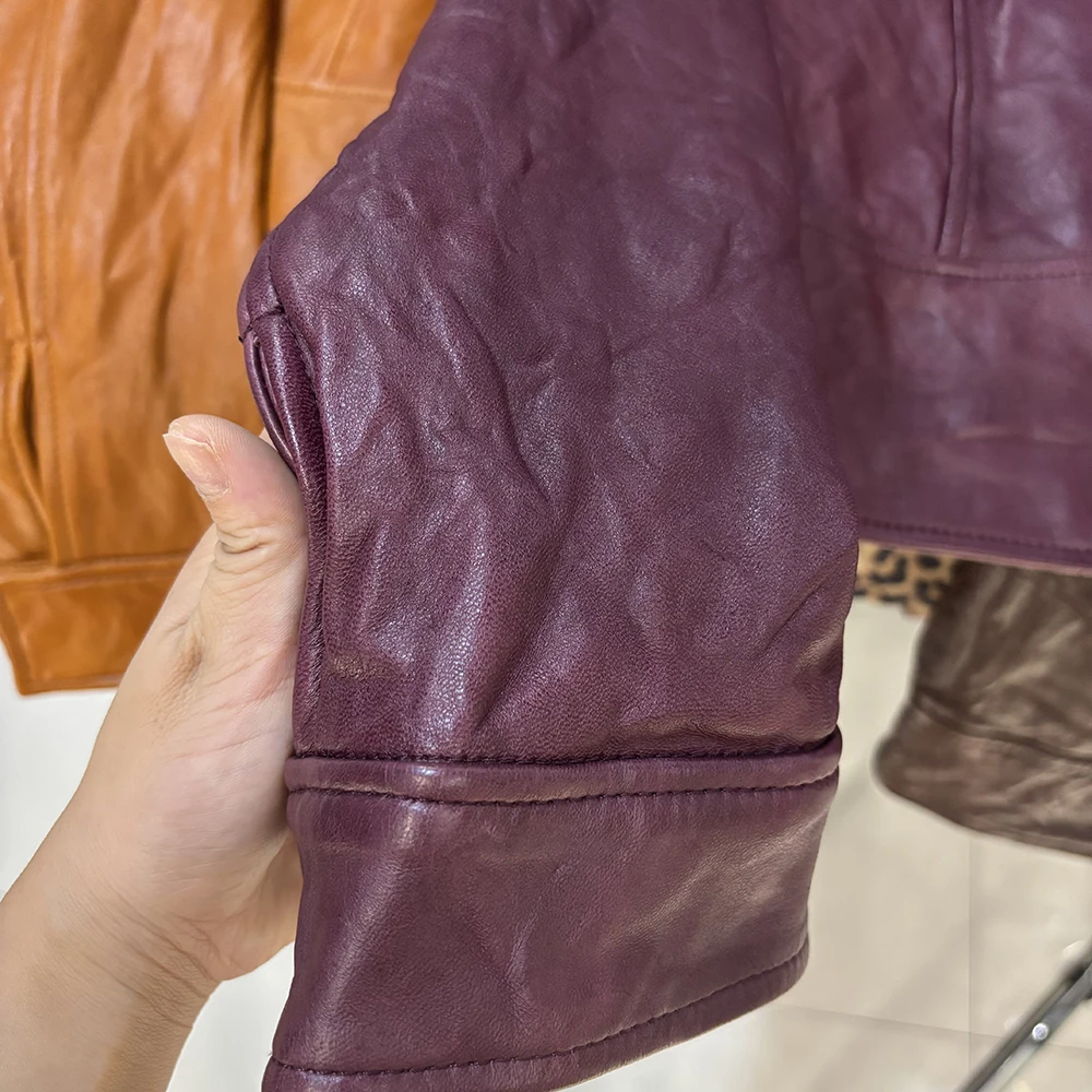 YOLOAgain Women's Cropped Crinkled Genuine Leather Jacket Lapel Collar Short Leather Coat