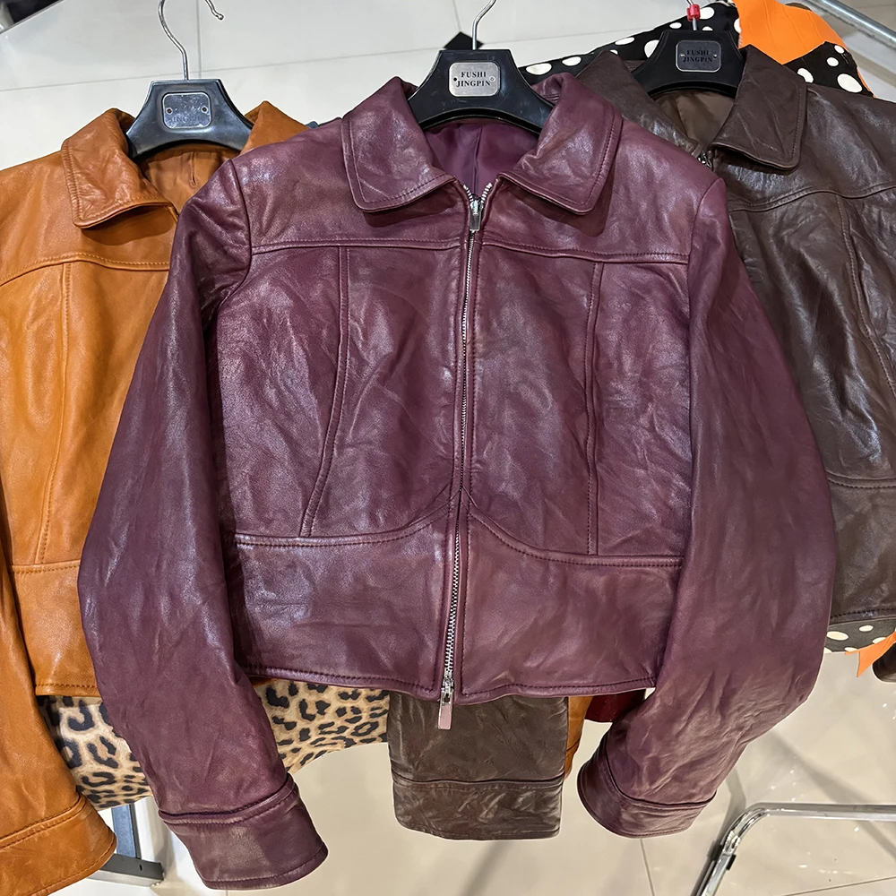 YOLOAgain Women's Cropped Crinkled Genuine Leather Jacket Lapel Collar Short Leather Coat