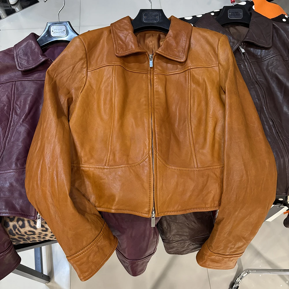 YOLOAgain Women's Cropped Crinkled Genuine Leather Jacket Lapel Collar Short Leather Coat