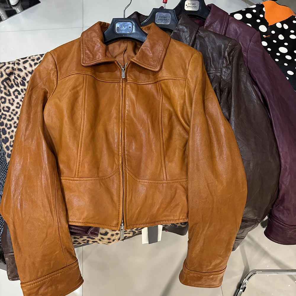 YOLOAgain Women's Cropped Crinkled Genuine Leather Jacket Lapel Collar Short Leather Coat