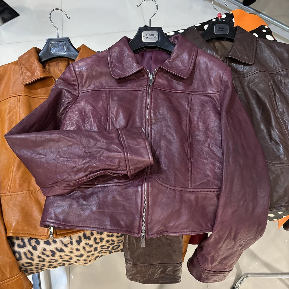 YOLOAgain Women's Cropped Crinkled Genuine Leather Jacket Lapel Collar Short Leather Coat