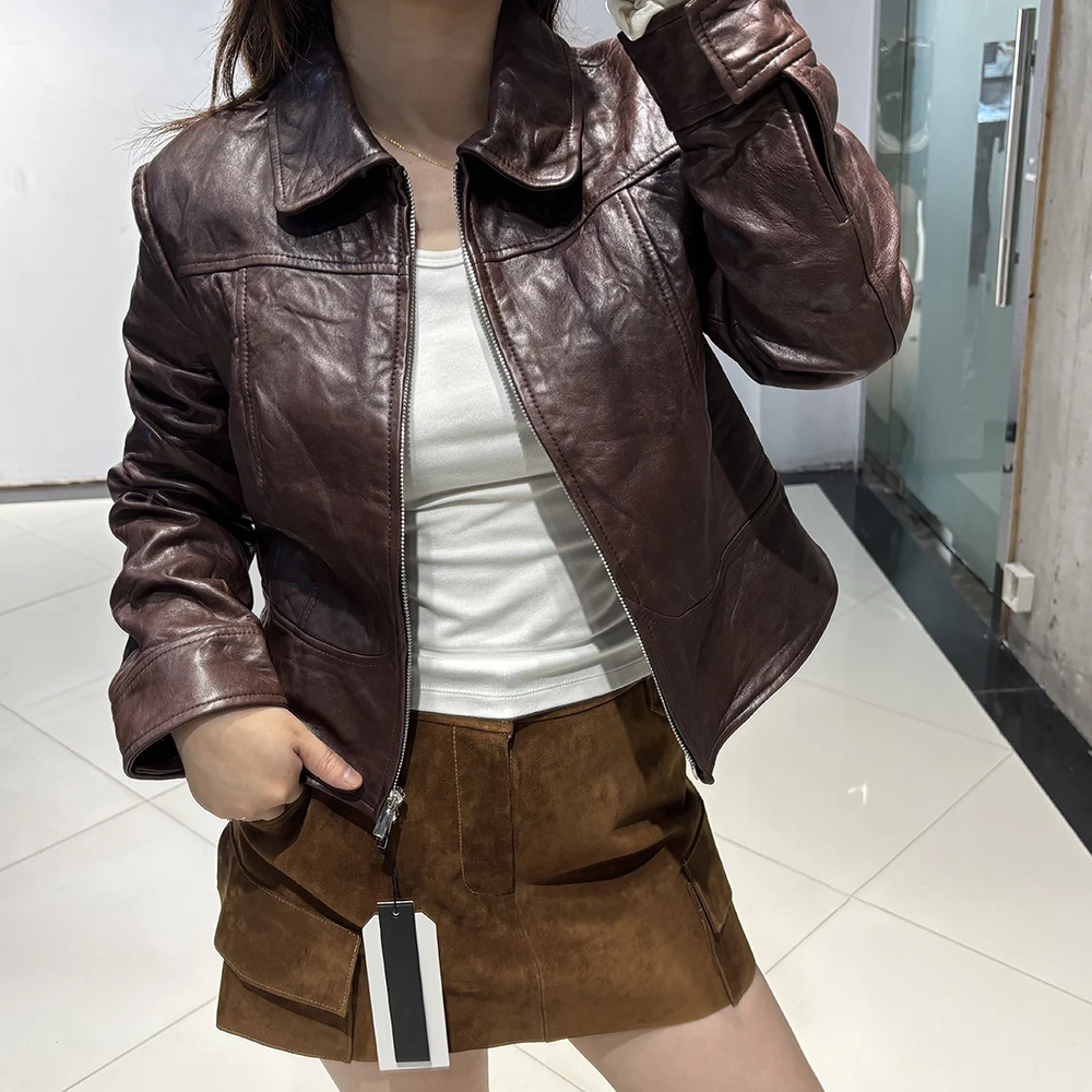 YOLOAgain Women's Cropped Crinkled Genuine Leather Jacket Lapel Collar Short Leather Coat