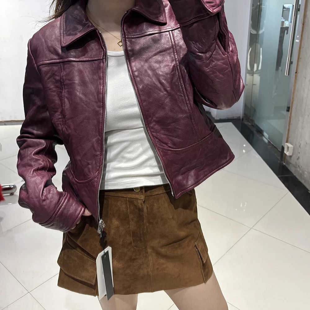 YOLOAgain Women's Cropped Crinkled Genuine Leather Jacket Lapel Collar Short Leather Coat