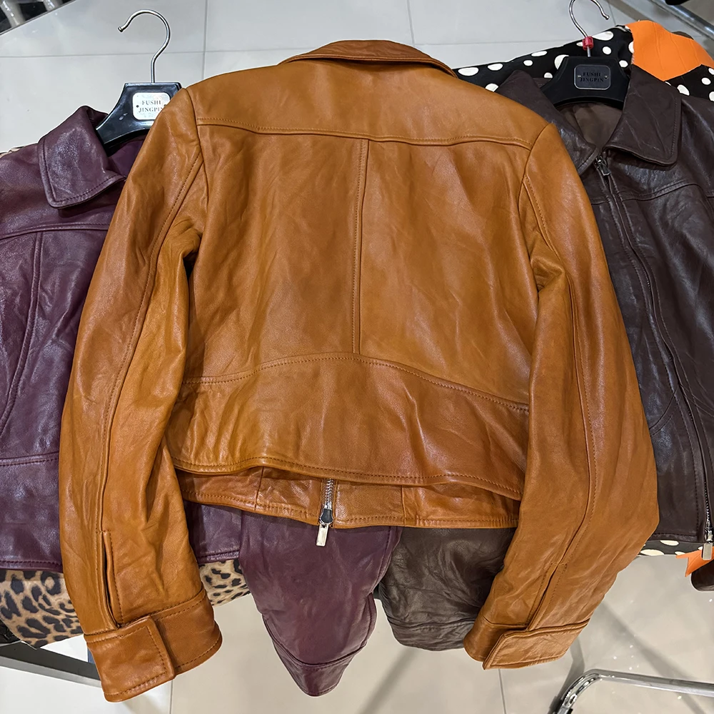 YOLOAgain Women's Cropped Crinkled Genuine Leather Jacket Lapel Collar Short Leather Coat