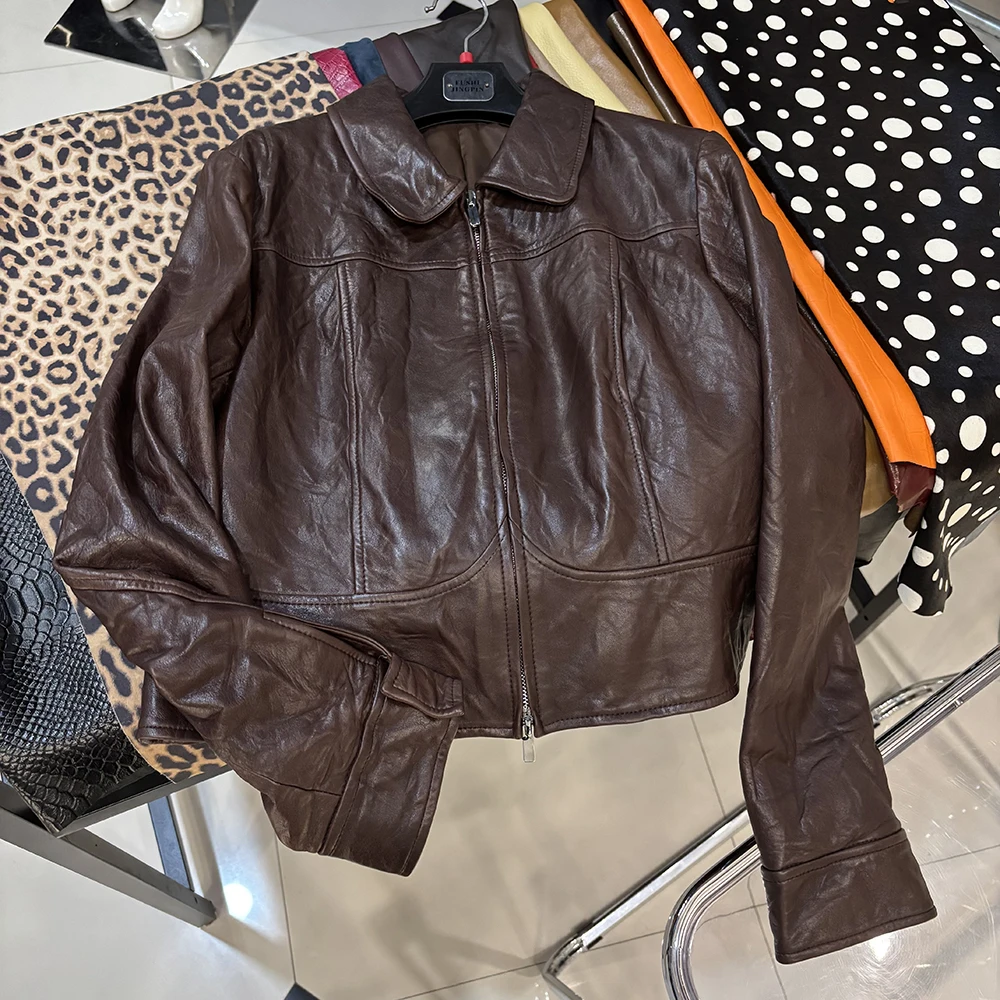YOLOAgain Women's Cropped Crinkled Genuine Leather Jacket Lapel Collar Short Leather Coat