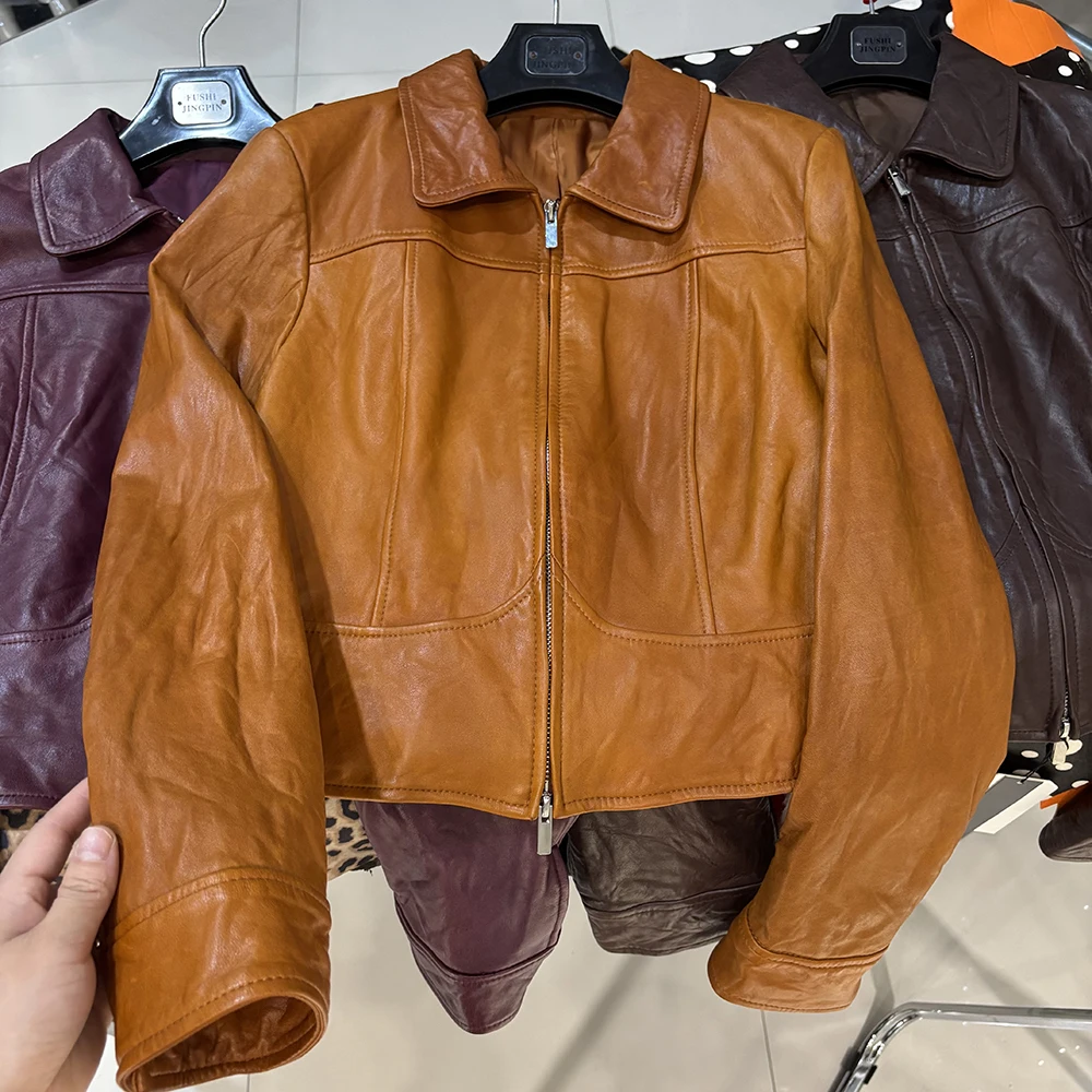 YOLOAgain Women's Cropped Crinkled Genuine Leather Jacket Lapel Collar Short Leather Coat