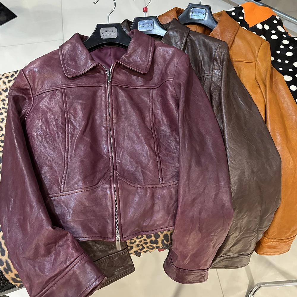 YOLOAgain Women's Cropped Crinkled Genuine Leather Jacket Lapel Collar Short Leather Coat