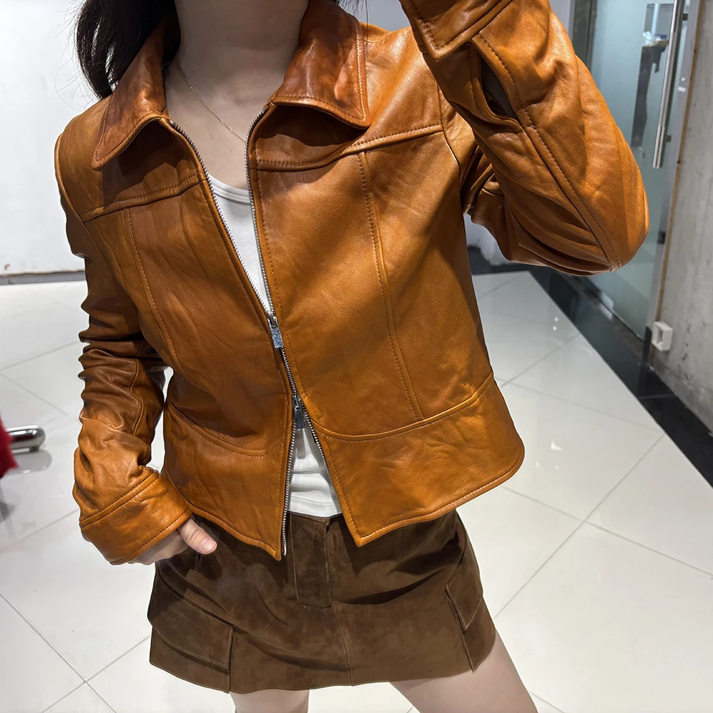 YOLOAgain Women's Cropped Crinkled Genuine Leather Jacket Lapel Collar Short Leather Coat