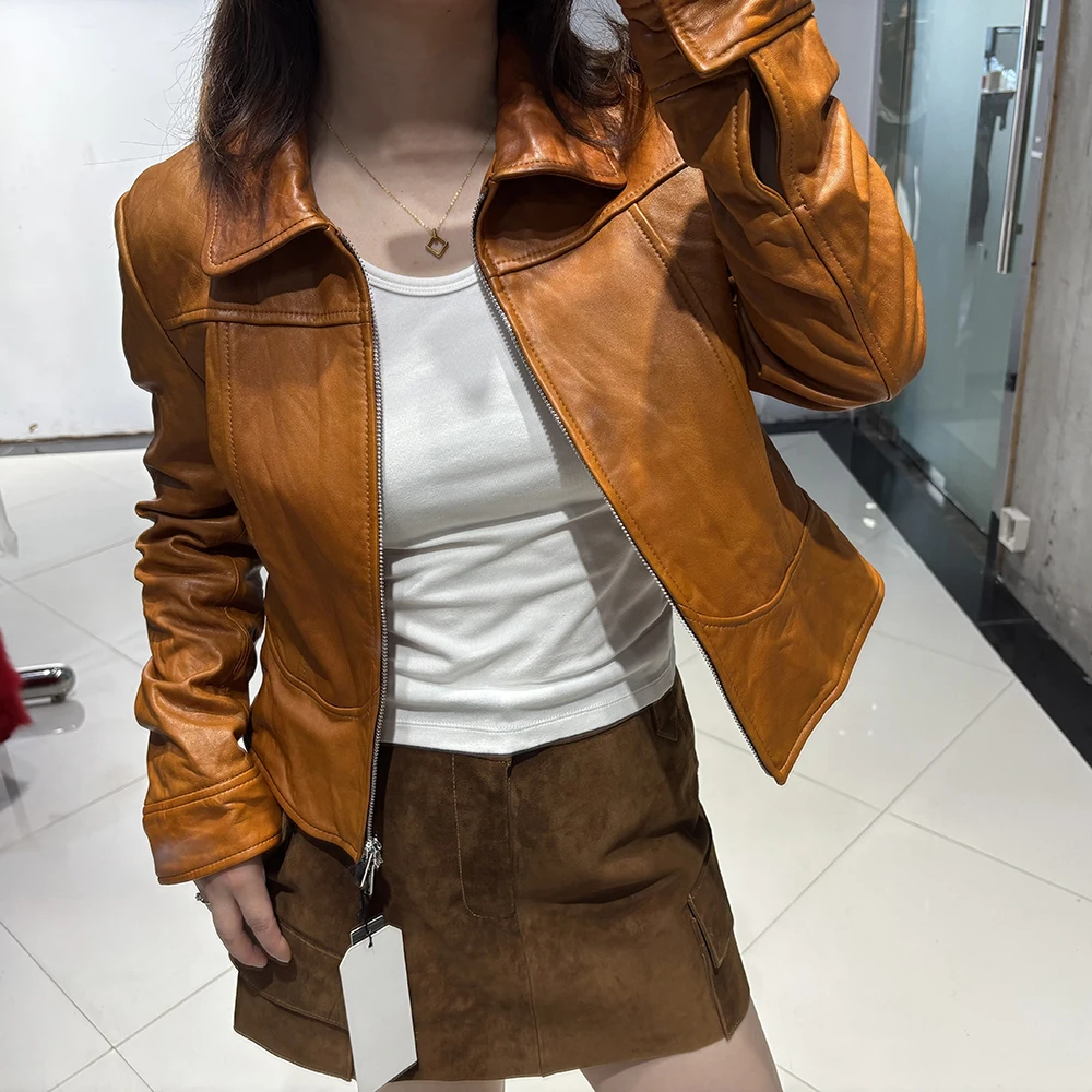 YOLOAgain Women's Cropped Crinkled Genuine Leather Jacket Lapel Collar Short Leather Coat