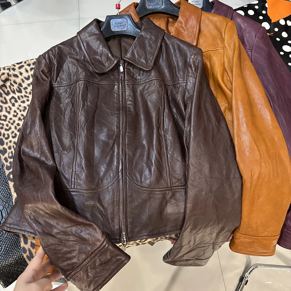 YOLOAgain Women's Cropped Crinkled Genuine Leather Jacket Lapel Collar Short Leather Coat