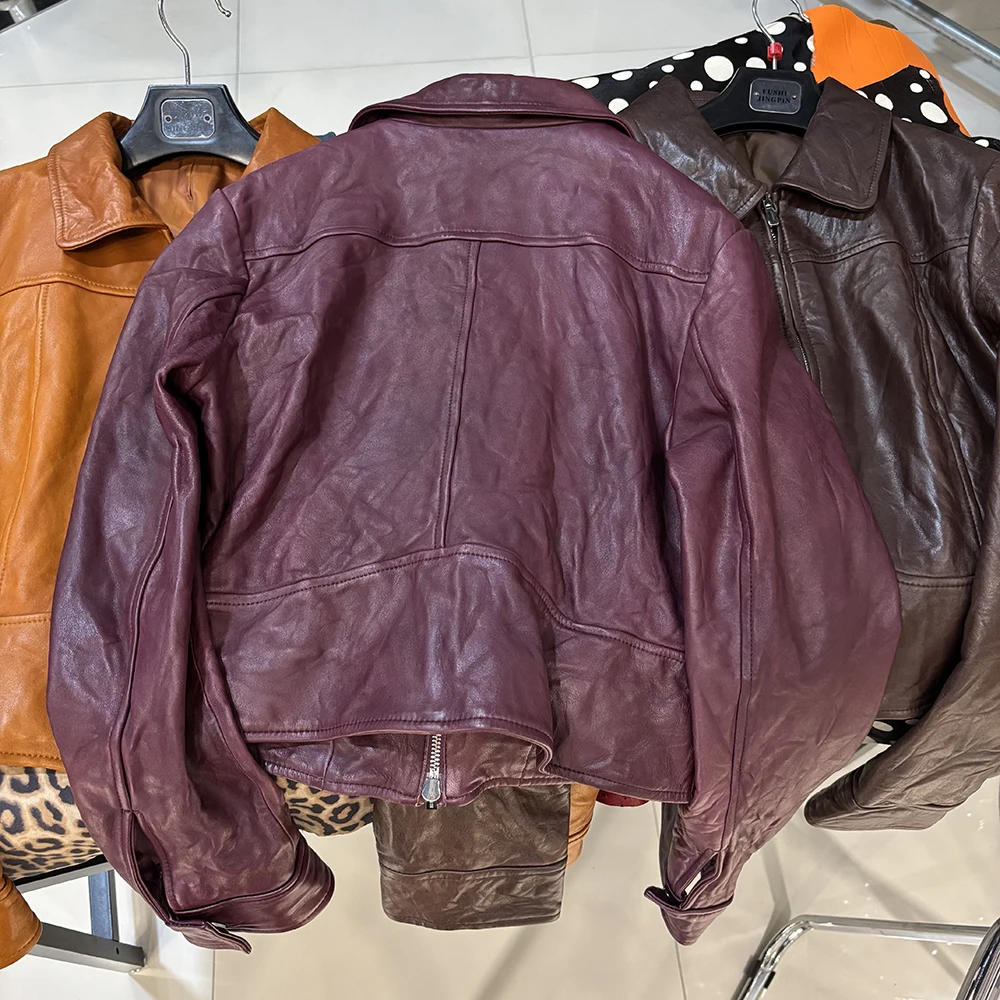 YOLOAgain Women's Cropped Crinkled Genuine Leather Jacket Lapel Collar Short Leather Coat